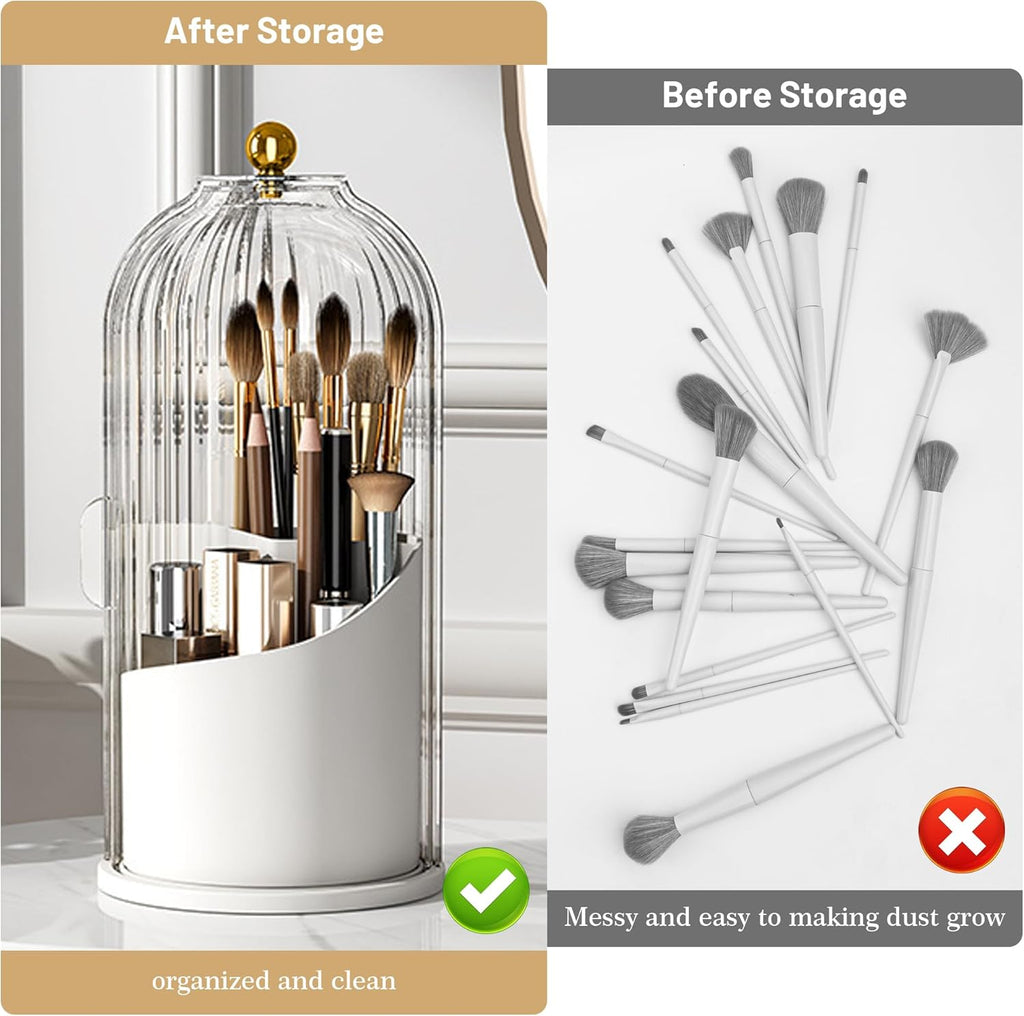 1PCS Makeup Brush Holder Organizer with Clear Lid 360 Rotating Sliding Opening Dustproof Brushes Container for Vanity