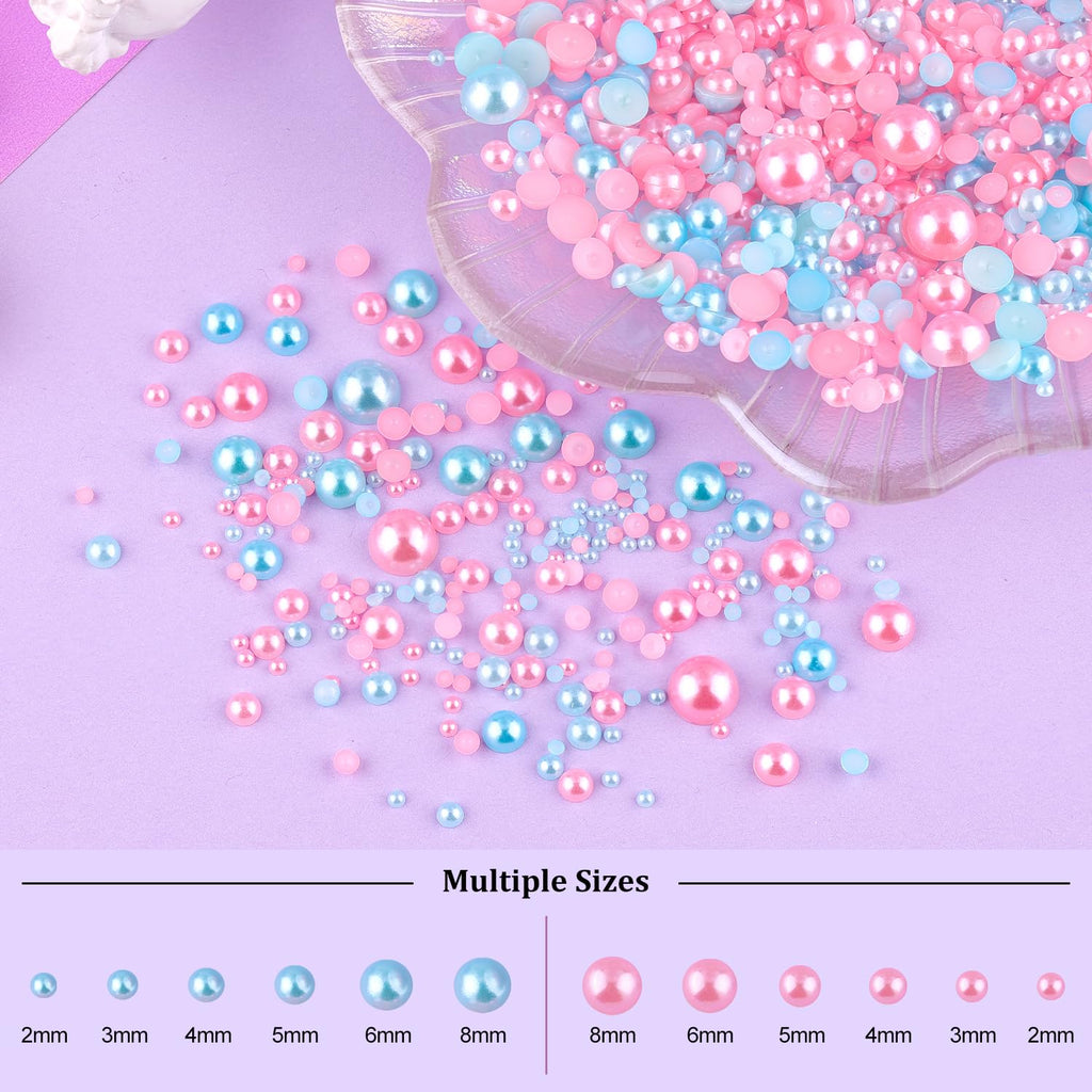 2 Boxes Flat Back Pearls Kit 18 Flatback Pink&Light Blue Half Round Pearls 2-8mm with Pickup Pencil and Tweezer for Home DIY and Professional Nail Art, Face Makeup and Craft