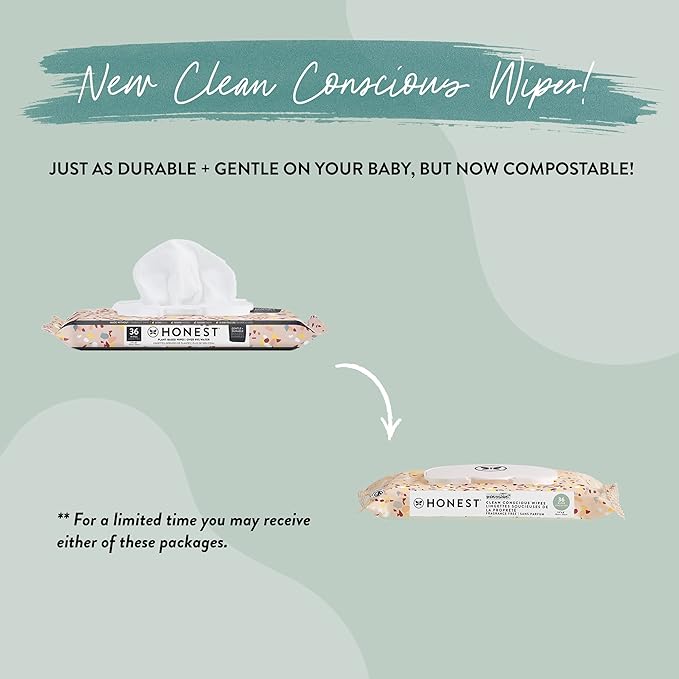 The Honest Company Clean Conscious Multi-Use Wipes Hypoallergenic and Unscented for Sensitive Baby Skin Over 99% Water Compostable Plant Based Terrazzo 36 Count