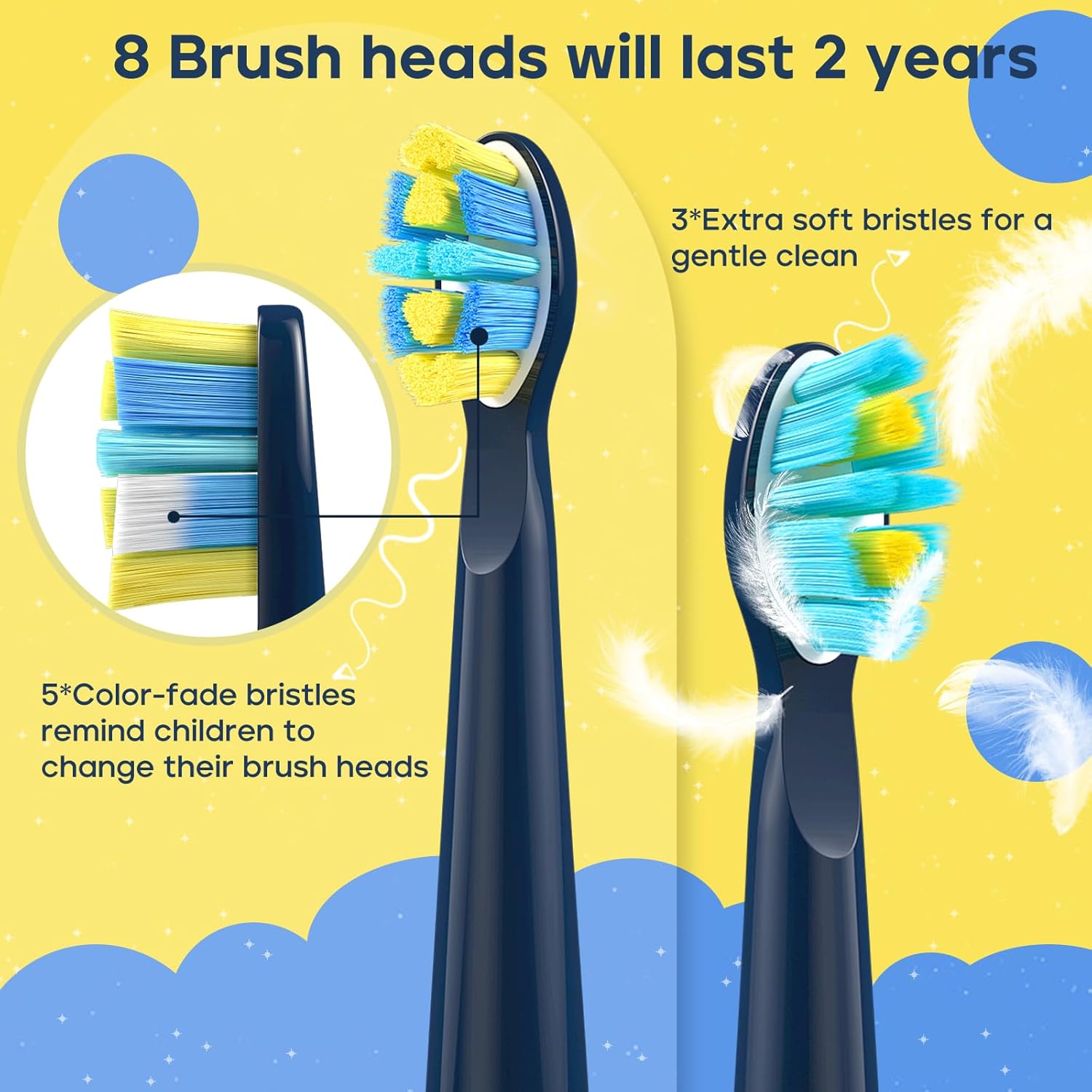SEAGO Kids Electric Toothbrush, Rechargeable Sonic Soft Bristle Toothbrushes with 8 Brush Heads, DIY Stickers and 5 Modes, Ideal for Kids and Children, Ages 3–12，SG2303(Navy)