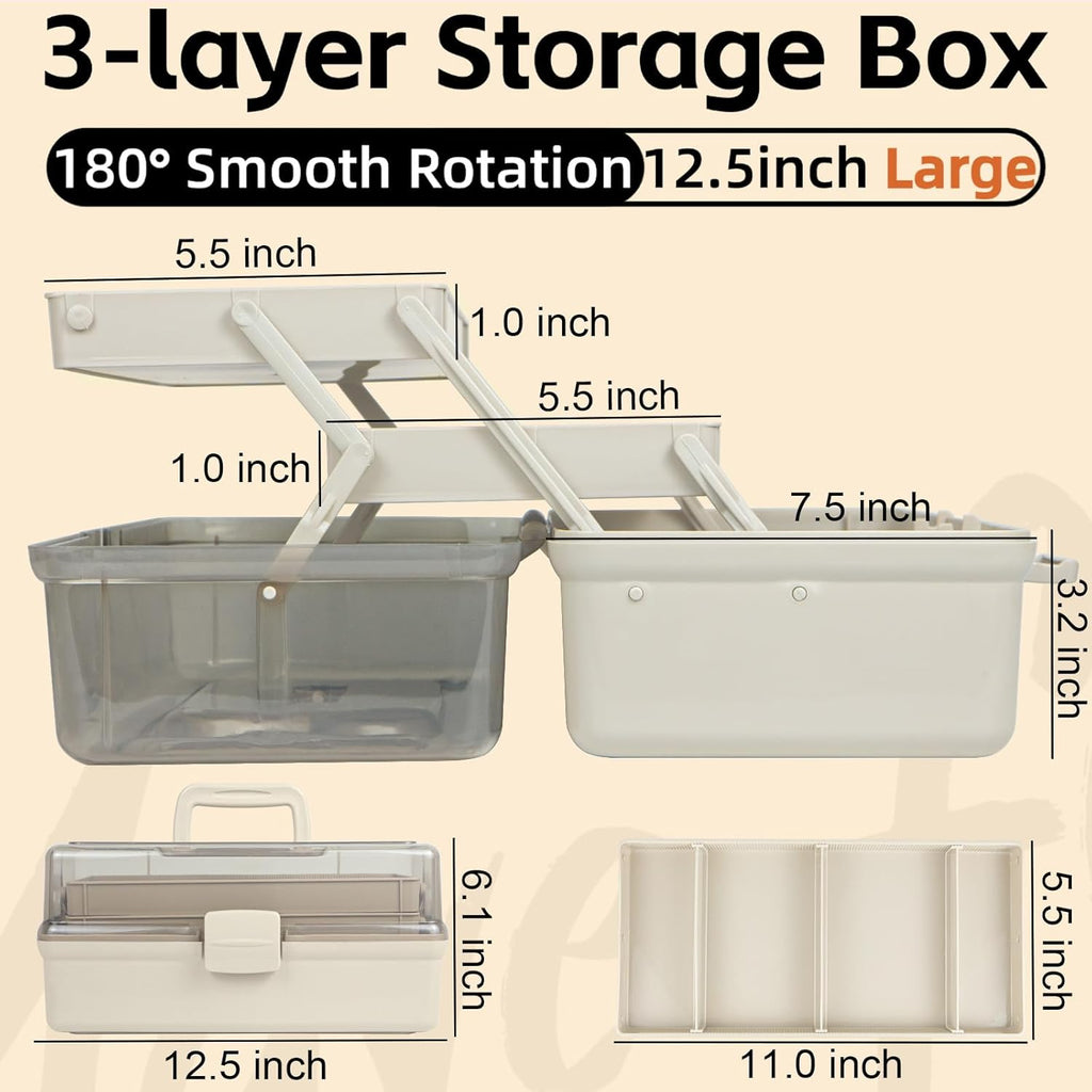 12.5in 3-Layer Multipurpose Craft Organizers and Storage with Adjustable Dividers, Portable Tackle Box, Folding Art & Craft Case for Medicine, Tool, Sewing Organizer (Brown)