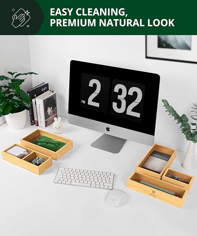 ROYAL CRAFT WOOD 5-Piece Bamboo Drawer Organizer Set – Multi-Use Storage Trays for Kitchen, Bathroom, Office, Makeup, Jewelry & More – Junk Drawer Tray, Utensil Holder, Storage Box & Bin Set (5 Boxes)