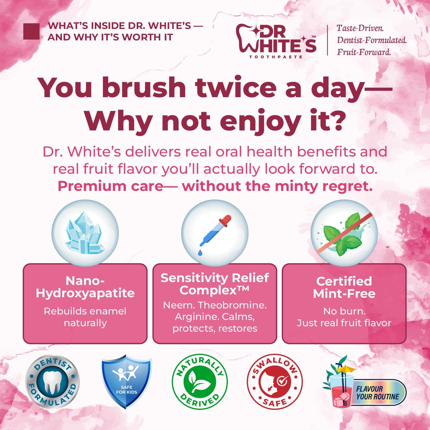 Dr. White’s Fluoride-Free nHA Toothpaste 2-Pack; Dentist-Formulated, Nano Hydroxyapatite + Xylitol, Sensitivity Relief Complex™, Mint-Free, Enamel Safe, Swallow-Safe (3.5 Oz, Guava Glow)