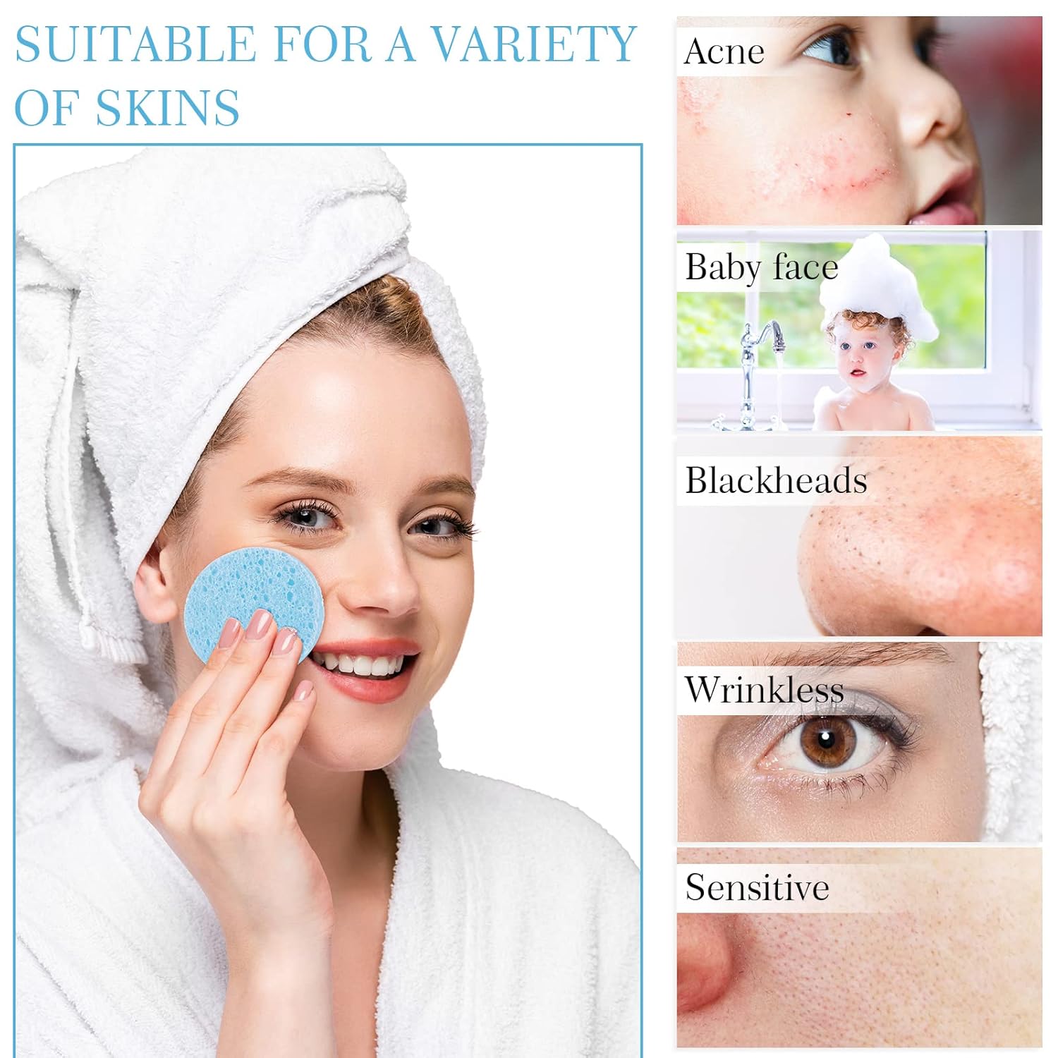 Sieral 120pcs Compressed Facial Sponges Disposable Natural Face Sponges Round Soft Pads with Container for Washing Face Cleansing Exfoliating Esthetician Makeup Removal Travel(Light Blue)