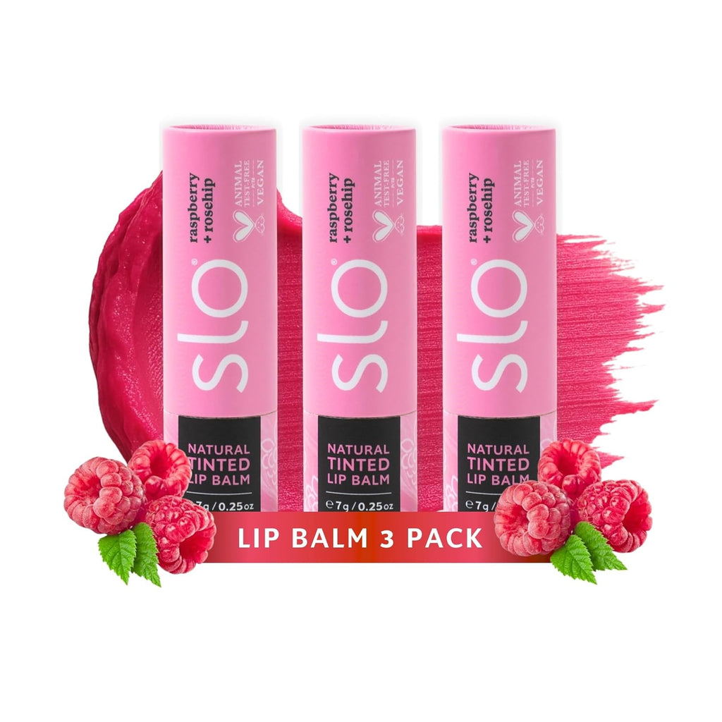 Slo | Natural Lip Balm - All Natural Ingredients, Vegan & Cruelty Free, Hydrating & Soothing, Plastic Free, Paper Packaging | Raspberry + Rosehip | 3 Pack (3 x 0.28oz/8g)