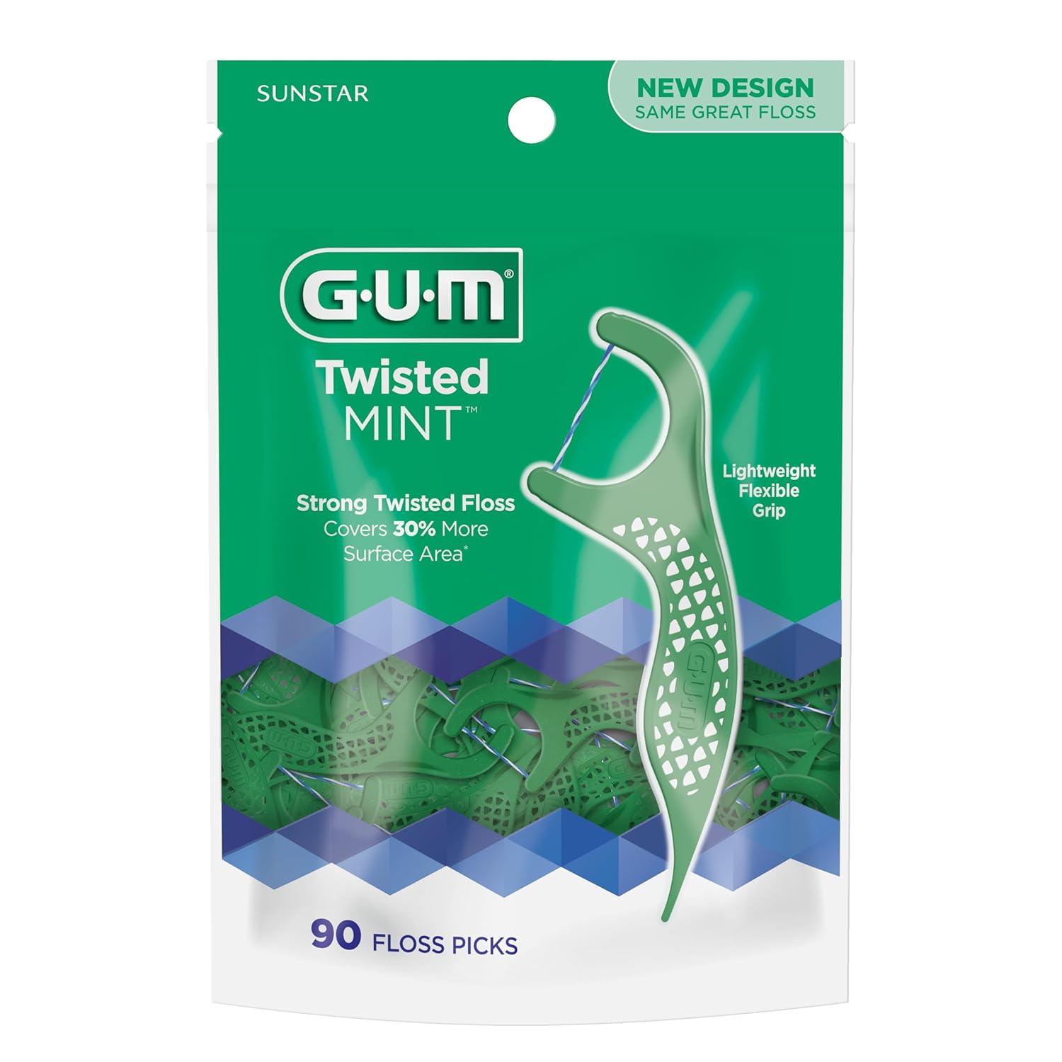 GUM Twisted Mint Floss Picks - Twisted Threads, Shred-Resistant Floss, Easy Grip Handle, 90 Count(Pack of 6)
