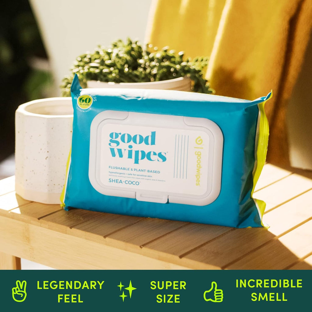 goodwipes Flushable Butt Wipes Made with Vitamin E & Aloe - Soft & Gentle Wet Wipe Dispenser for Home Use, Septic & Sewer Safe - Largest Adult Toilet Towelettes - Shea-Coco, 360 Count (6 Packs)