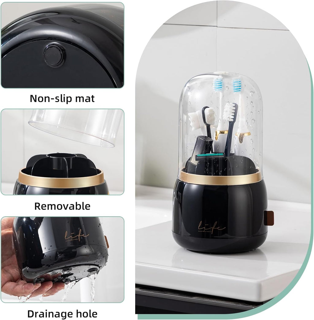 Toothbrush Holders for Bathrooms, Rotating 7 Slots Electric Toothbrush Holders with Cover, Countertop Toothpaste Organizers (Black)