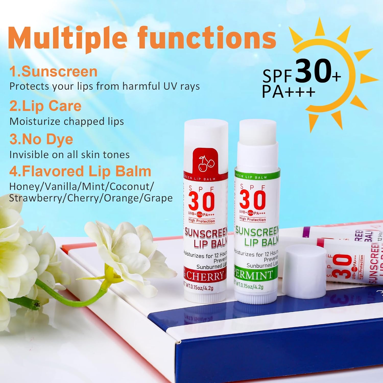 SPF 30 Sunscreen Lip Balm, Bulk Travel Size - 32 Pack, Hydrating with Vitamin E & Coconut Oil - 8 Flavors