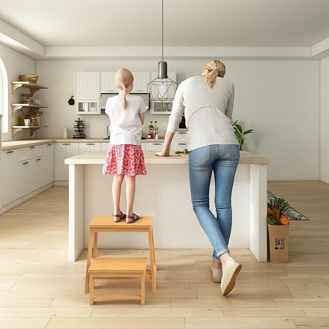 Bamboo Folding Step Stool with Sturdy Structure and Wide Stepping Surface for Safety, Multi-Purpose Foldable Step Ladder for Bathroom,Bedroom,Kitchen Step Stools for Kids & Adults, 400 lbs