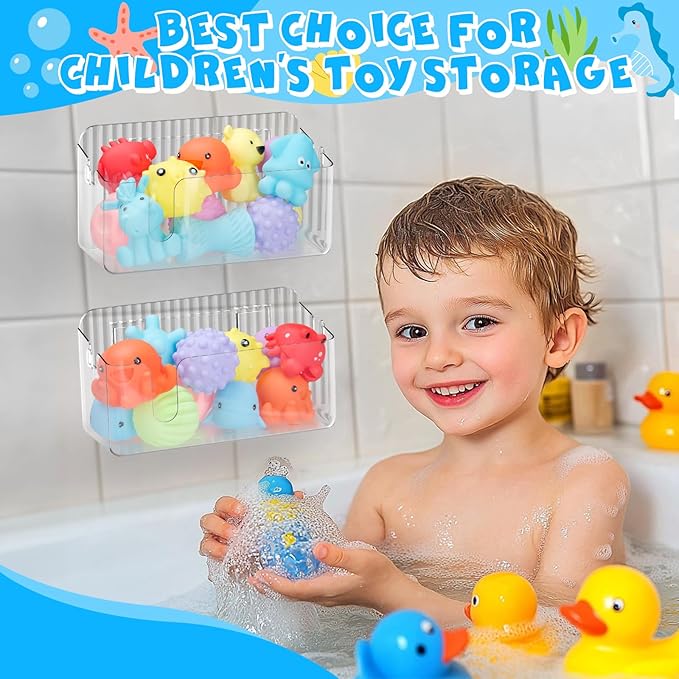 2-Pack Clear Bath Toy Storage Holder Organizer, Large Capacity Durable Plastic Bathtub Shower Caddy with Drain Holes, Quick-Dry Drainable Easy Install (Clear White 2-Pack)