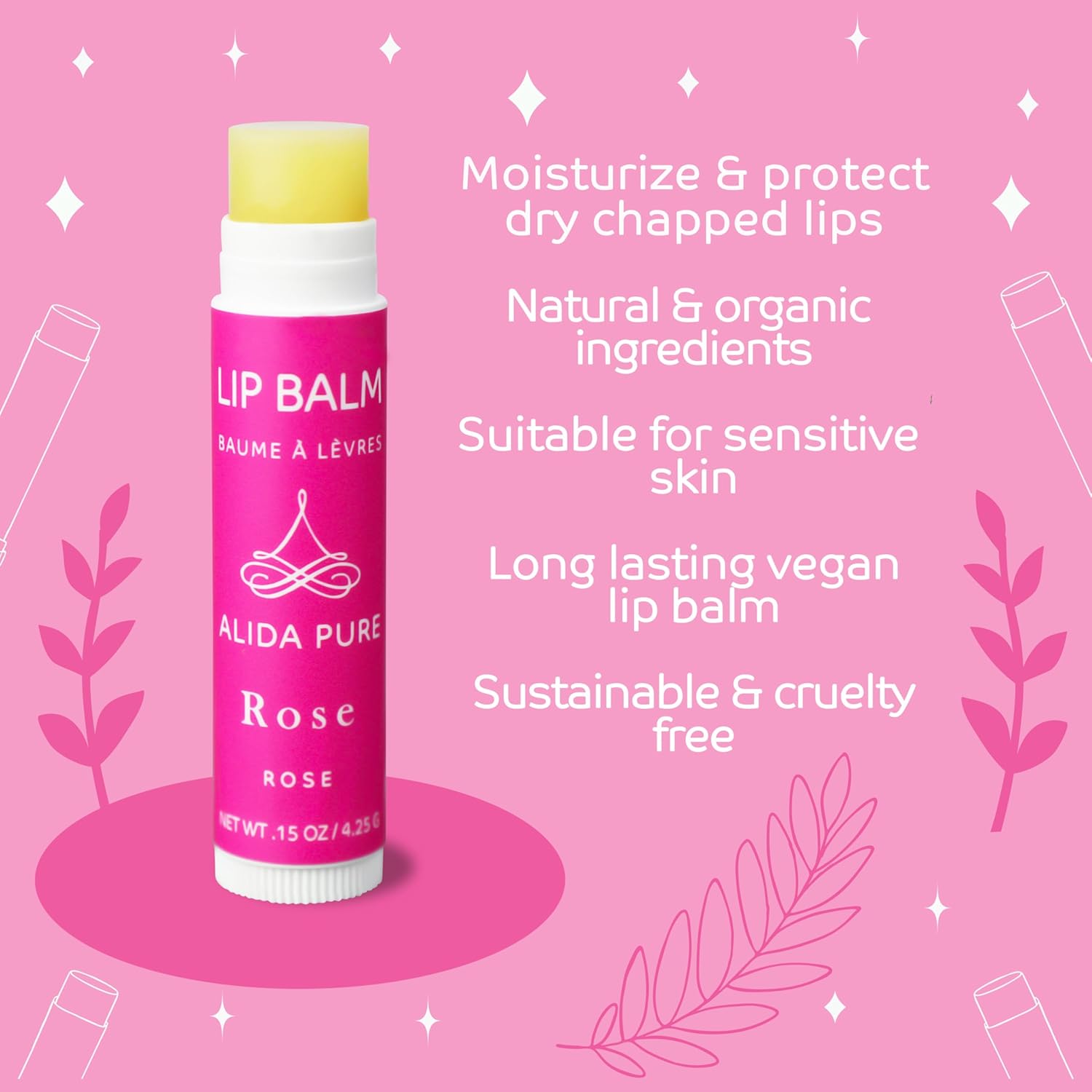 Rose Lip Balm Collection, Vegan Set, Beeswax Free, with Organic Jojoba and Avocado Oil, Vitamin E, Natural Moisturizer for Dry, Chapped Lips, 3 Tube Set