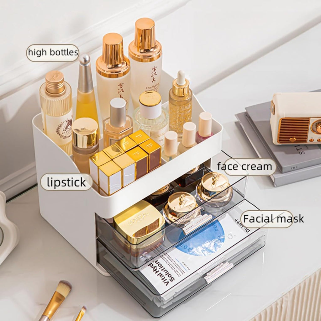 Pink Makeup & Skincare Organizer - 2 Drawer Vanity Storage Box with Cosmetic Display Case