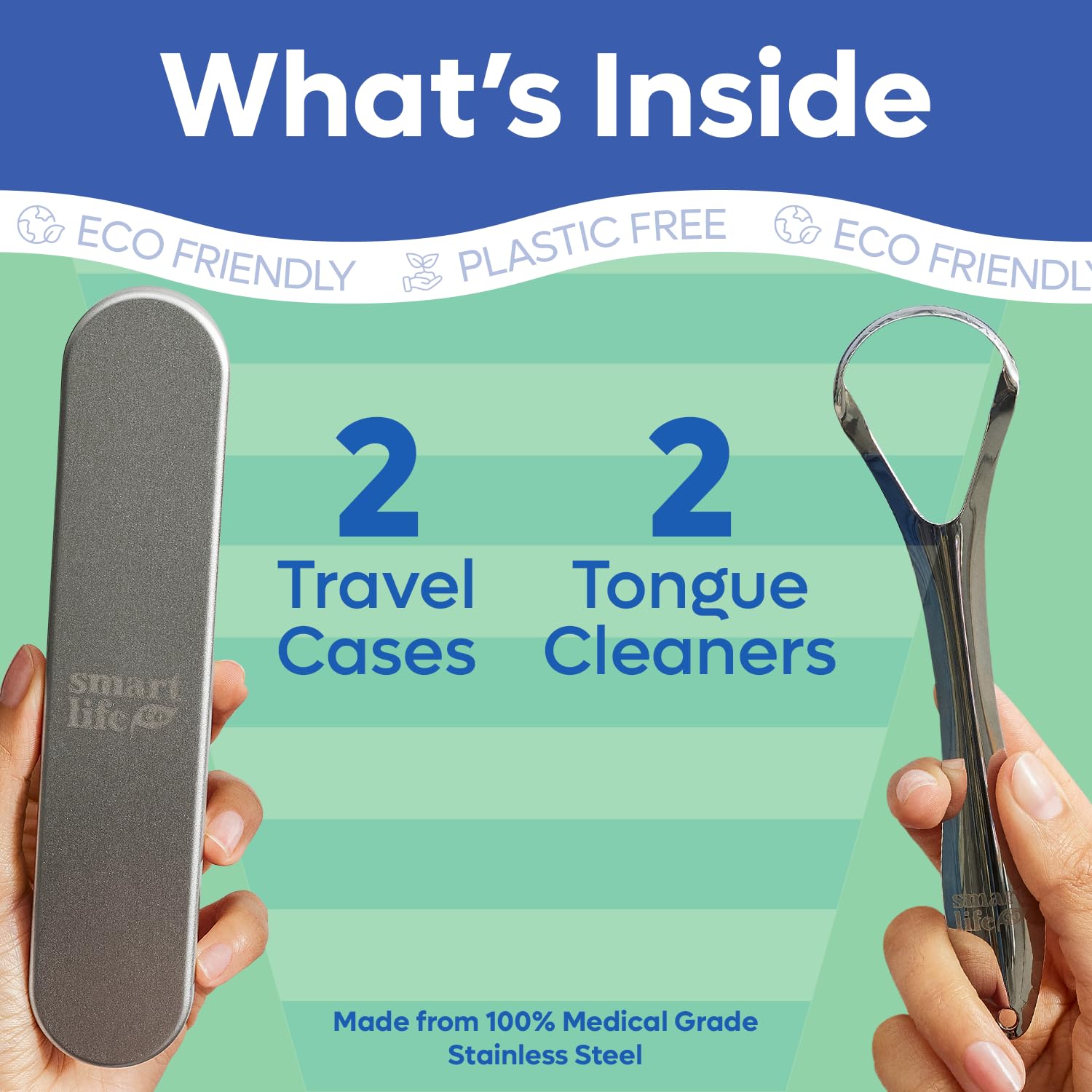 Tongue Scraper For Adults & Kids - 2 Pack Stainless Steel Tongue Scraper Travel Metal Case | Mouth Cleaner For Bad Breath Treatment | Best Disposable No Plastic Scrubber | Oral Care Hygiene Essentials