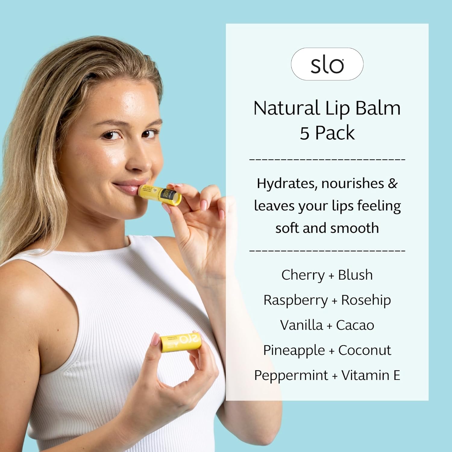 Slo | Natural Lip Balm - All Natural Ingredients, Vegan & Cruelty Free, Hydrating & Soothing, Plastic Free, Paper Packaging | 5 pack one of each flavour (5 x 0.28oz/8g)