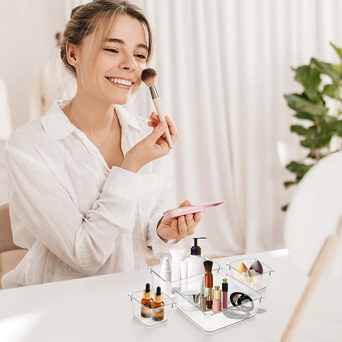 Ravinte 16 PCS Drawer Organizer Plastic Storage Bins, 5 - Size Kitchen Drawer Organizer with Non-Slip Pads Clear Desk Storage Tray for Makeup, Jewelries, Kitchen Utensils and Office