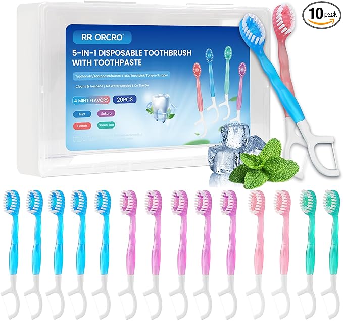 20Pack Mini Disposable Toothbrushes 5-in-1 Portable Pre-Pasted Travel Toothbrush with Toothpaste+Tongue Scraper+Floss+Pick Individually Wrapped Small Prepasted Travel Toothbrush for Kids Adult