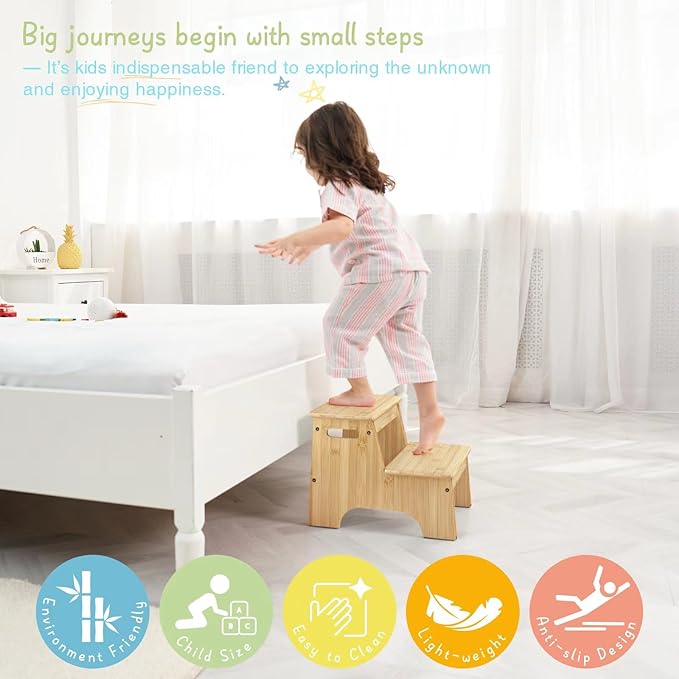 Forbena Wooden Bathroom Step Stool for Toddlers, Heavy Duty Kids 2 Step Stool for Bathroom Sink Kitchen Counter, Bamboo Wood Non-Slip Baby Children Potty Stepping Stool Seat with Handles for Toilet