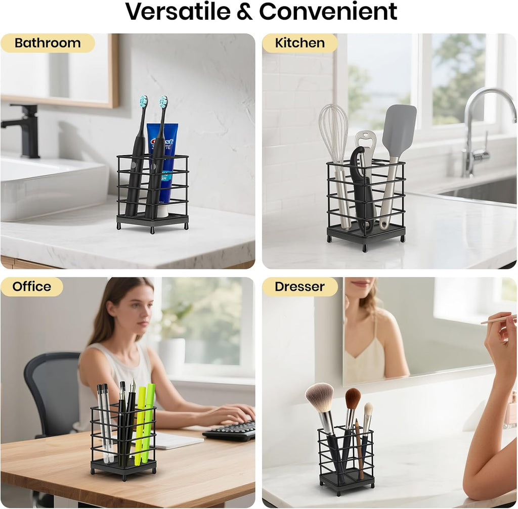 Toothbrush Holders with Quick Drying Mat—Black Toothbrush and Toothpaste Holder for Bathroom—3 Slots Openwork Design Bathroom Counter Organizer for Electric Toothbrush, Bathroom Accessories Organizer