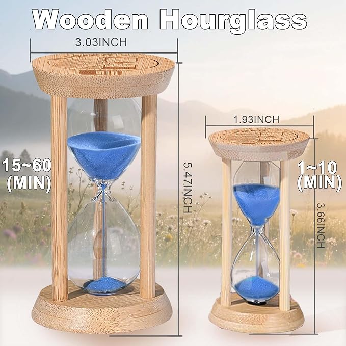 Wooden Sand Timers 1 Minute,Stunning Glass Bamboo Mini Blue Sand Hourglass for Productivity, Meditation & Decor, 1 Min Small Reloj De Arena for Kitchen, Office, Game, Classroom