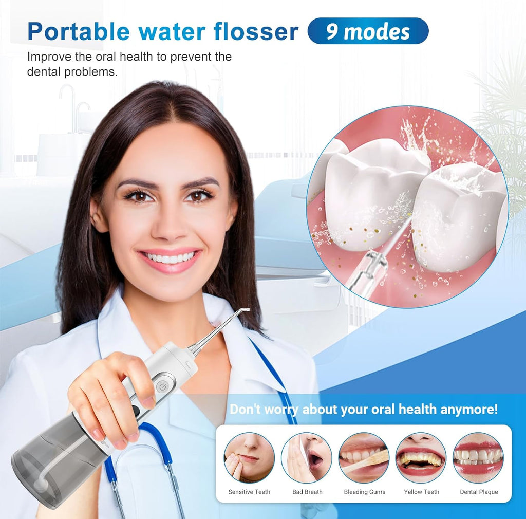 Water Dental Flosser Oral irrigator,JNGOODS 300ml Rechargeable Water flosser for Teeth IPX7 Waterproof 9 Modes Portable Oral Irrigator LED Display with 4 Jet Tips, Travel Home use (White)
