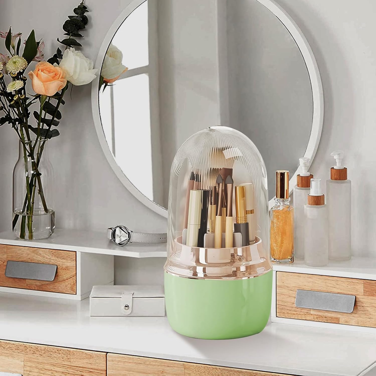 360° Rotating Toothbrush Holder with Cover, 7-Slot Bathroom Organizer for Electric Toothbrush, Toothpaste, Razors, Draining Water, Countertop Vanity Storage