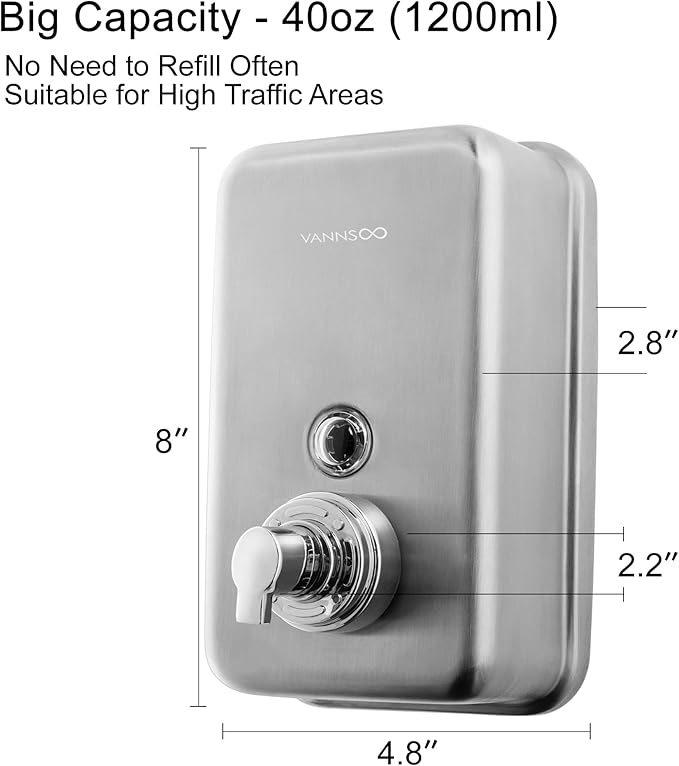 Commercial Wall Mount Stainless Steel Foaming Soap Dispenser, 40 oz (1200ml) Industrial Refillable Foam Hand Sanitizer Dispensers for Bathroom and Kitchen