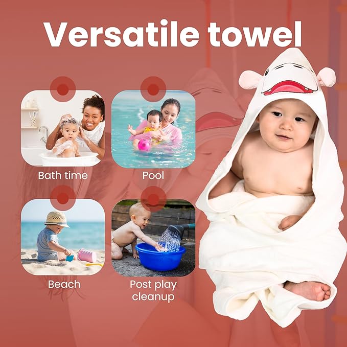 Premium Hooded Towel - 500GSM Viscose derived from Bamboo Baby Towels - Ultra Soft & Absorbent, Extra Large 35” x 35”, Hypoallergenic, Machine Washable Toddler Towel - Hippopotamus