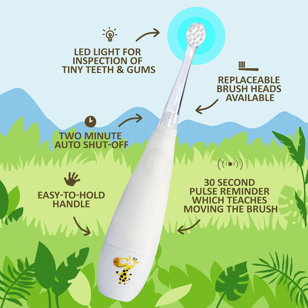 Jack N' Jill Tickle Tooth Toddler Electric Toothbrush with Replacement Head - Gentle Cleaning, Made for Tiny Teeth, LED Inspection Light, for Babies & Kids, Extra Soft Bristles - (1 Pack)