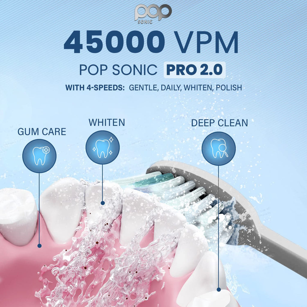Pop Sonic Pro 2.0 Electric Toothbrush (White) Rechargeable Sonic Toothbrush with 45,000 Vibrations Per Minute & 4 Cleaning Modes for Adults & Kids with Long Lasting Dupont Nylon Bristles