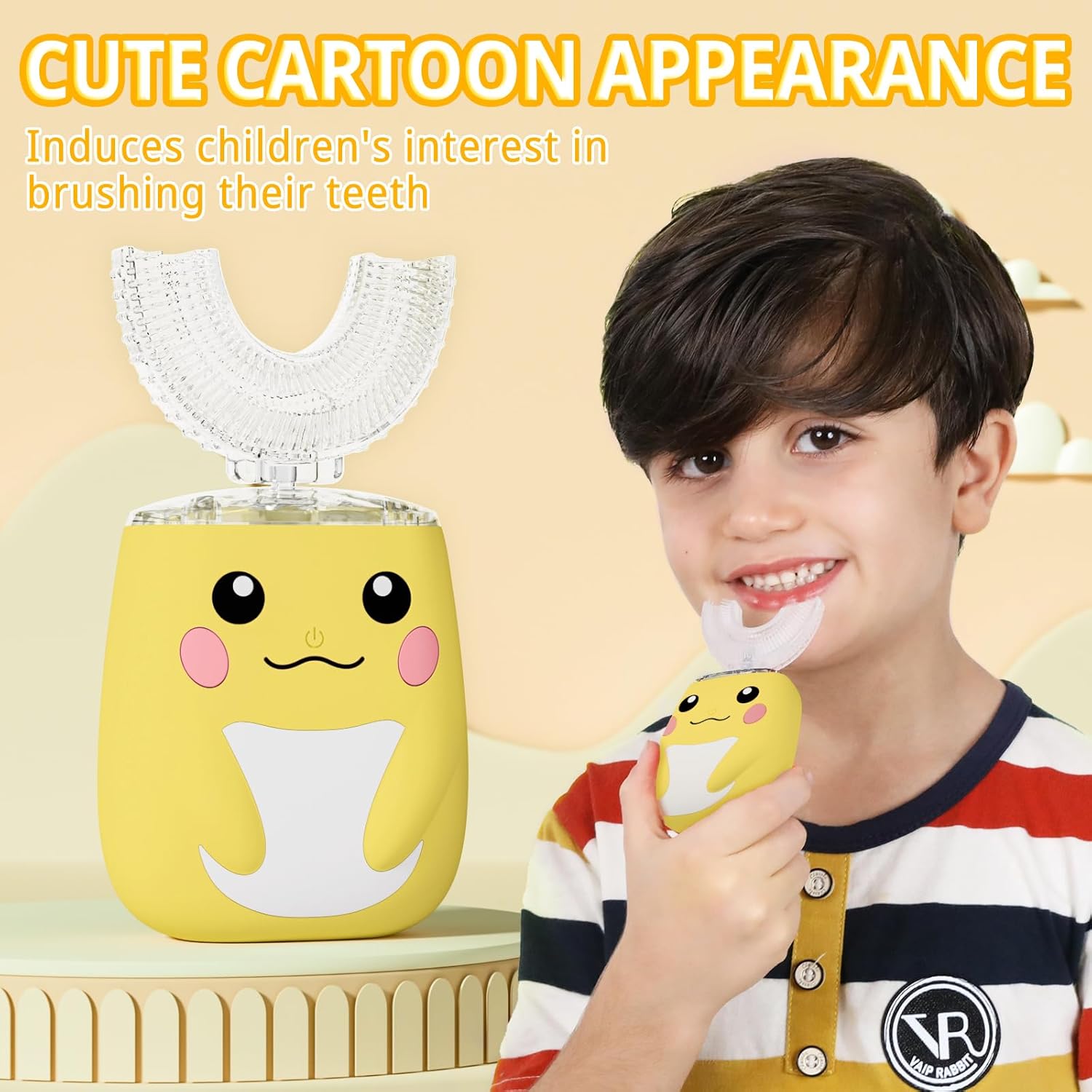Kids Electric U Shaped Toothbrush Children Rechargeable Sonic Toothbrush with 6 Soft Brush Head Automatic Full Mouth 6 Cleaning Modes -Age8-15 Yellow