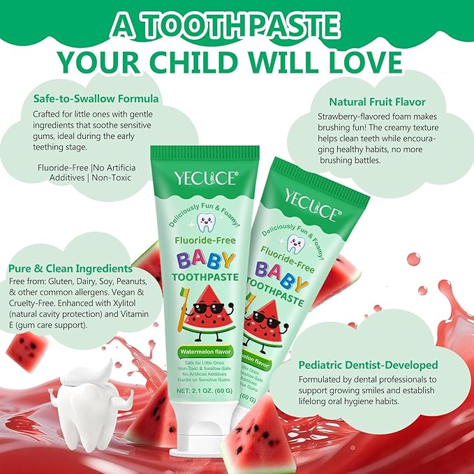 Kids Toothpaste Watermelon Flavor, Swallowable Toothpaste with xylitol and Vitamin E, Fights Plaque, Designed for Children, 2.1OZ