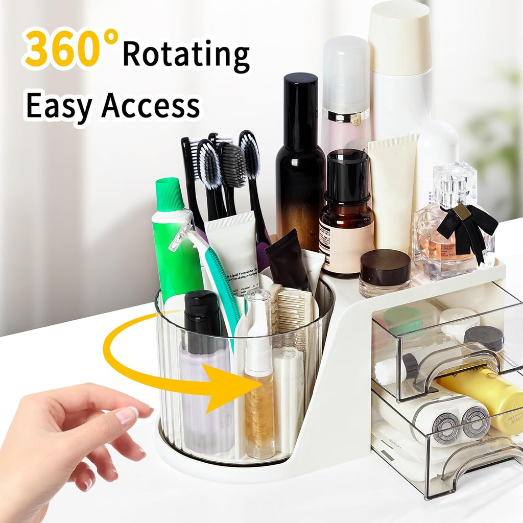 Toothbrush Holders for Bathrooms, Rotating Bathroom Countertop Organizer with 2 Drawers, Tooth Brush Toothpaste Holder, Bathroom Counter Organizer Caddy for Vanity Makeup Brush Holder