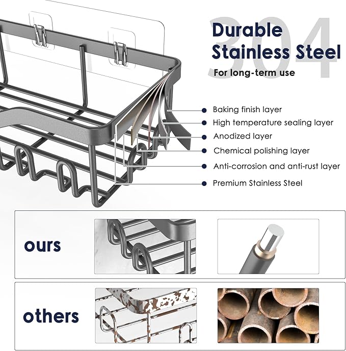 Shower Caddy Adhesive Shower Organizer 7-Pack, Rustproof Stainless Steel Bathroom Shelves, Large Capacity No-Drill Rack Storage Accessories with Soap Dish Toothbrush Holder Hooks (Gray)