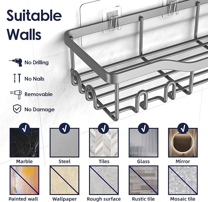 Shower Caddy Adhesive Shower Organizer 7-Pack, Rustproof Stainless Steel Bathroom Shelves, Large Capacity No-Drill Rack Storage Accessories with Soap Dish Toothbrush Holder Hooks (Gray)