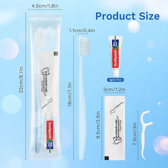 Disposable Toothbrushes with Toothpaste, Travel Toothbrush Kit, Individually Packaged, Light Blue, with Floss Picks, Suitable for Hotel, Home, Camping, Travel (50-Pack)