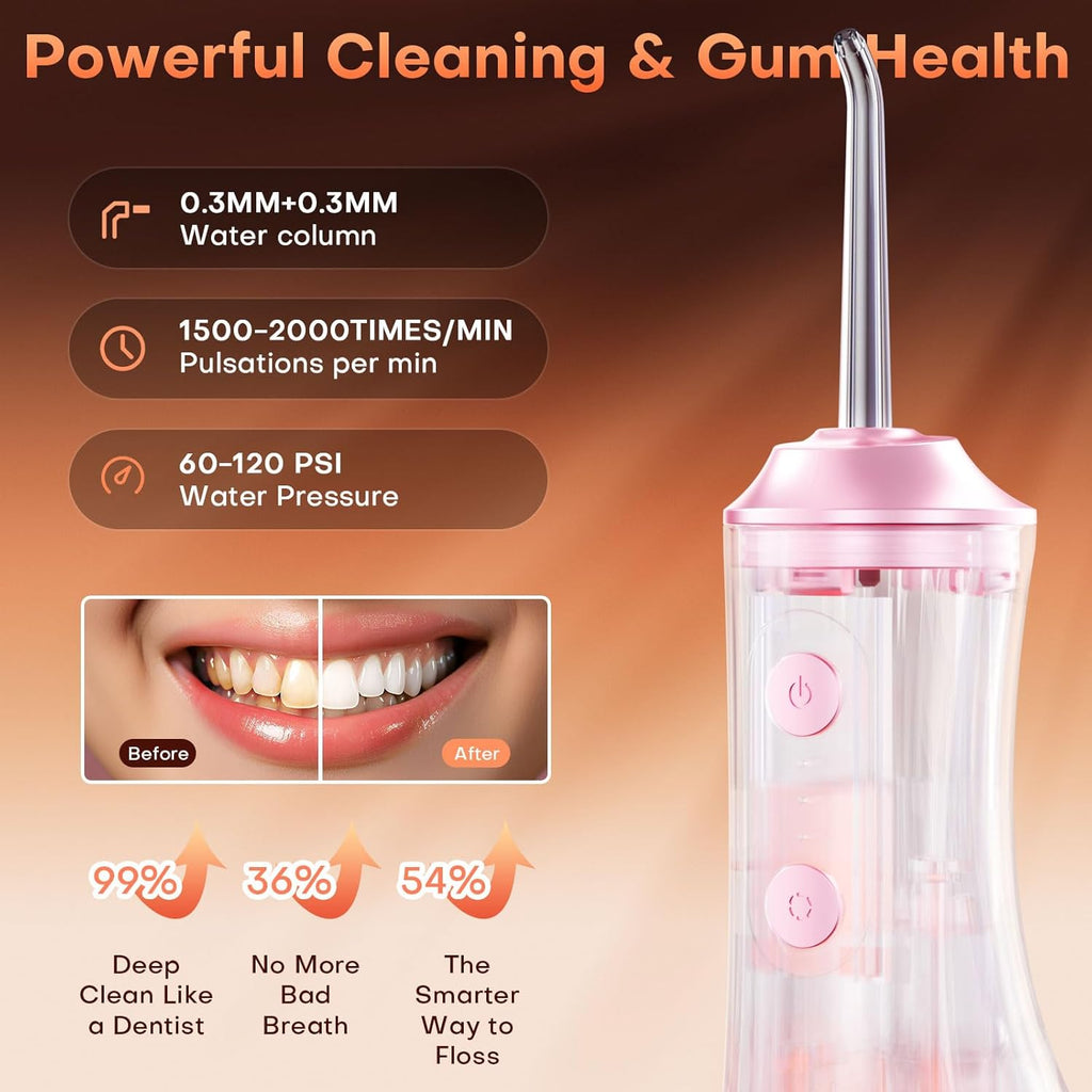 Water Dental Flosser - Portable Cordless Oral Irrigator 300ML, Rechargeable IPX7 Waterproof Irrigation Cleaner for Teeth Cleaning & Flossing, Travel & Home Use (Pink)