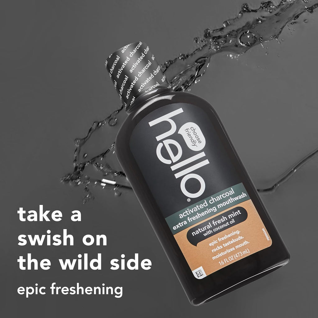 Hello Activated Charcoal Extra Freshening Mouthwash, Natural Fresh Mint and Coconut Oil, Fluoride Free, Alcohol Free, Vegan, SLS Free and Gluten Free, 16 Fl Oz (Pack of 3)