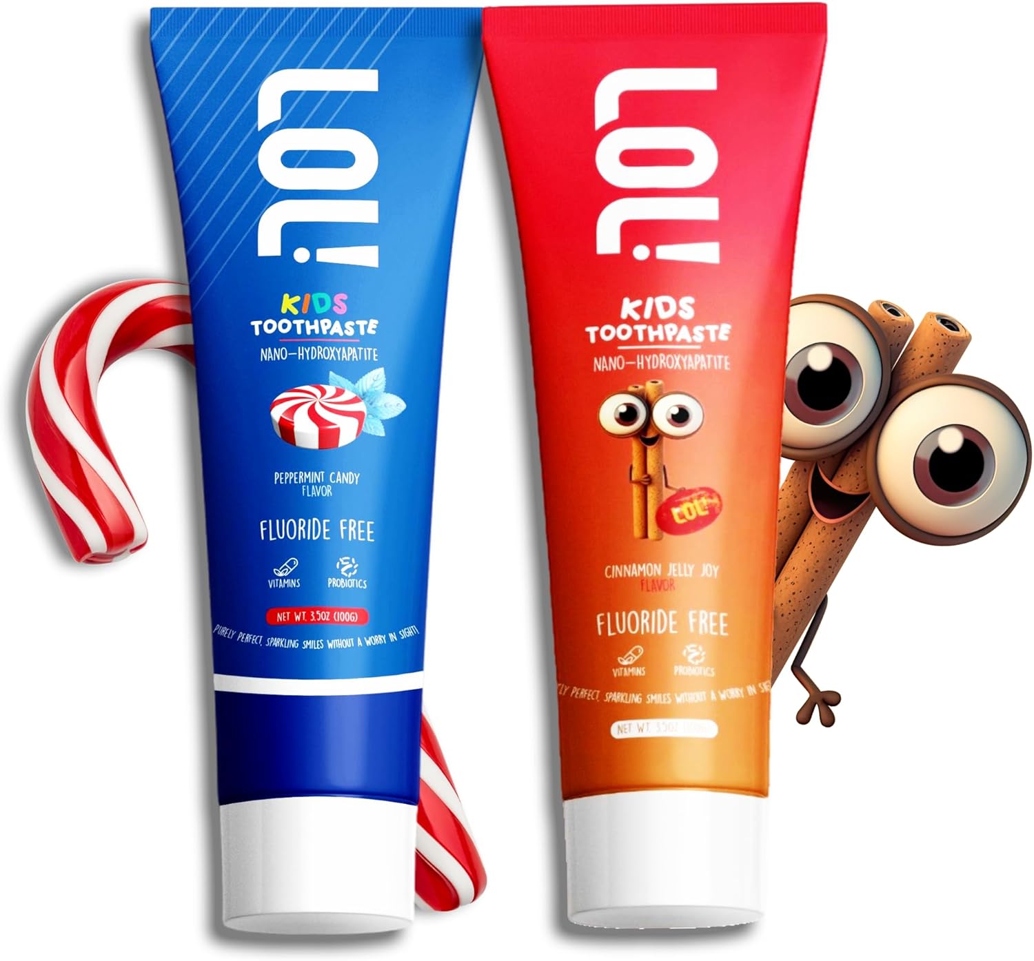 LOL Kids Fluoride-Free Toothpaste 2-Flavors Pack | Nano-Hydroxyapatite, Probiotics, Vitamins A, C, E | Safe if Swallowed, No SLS | 1 Peppermint, 1 Cinnamon Flavor