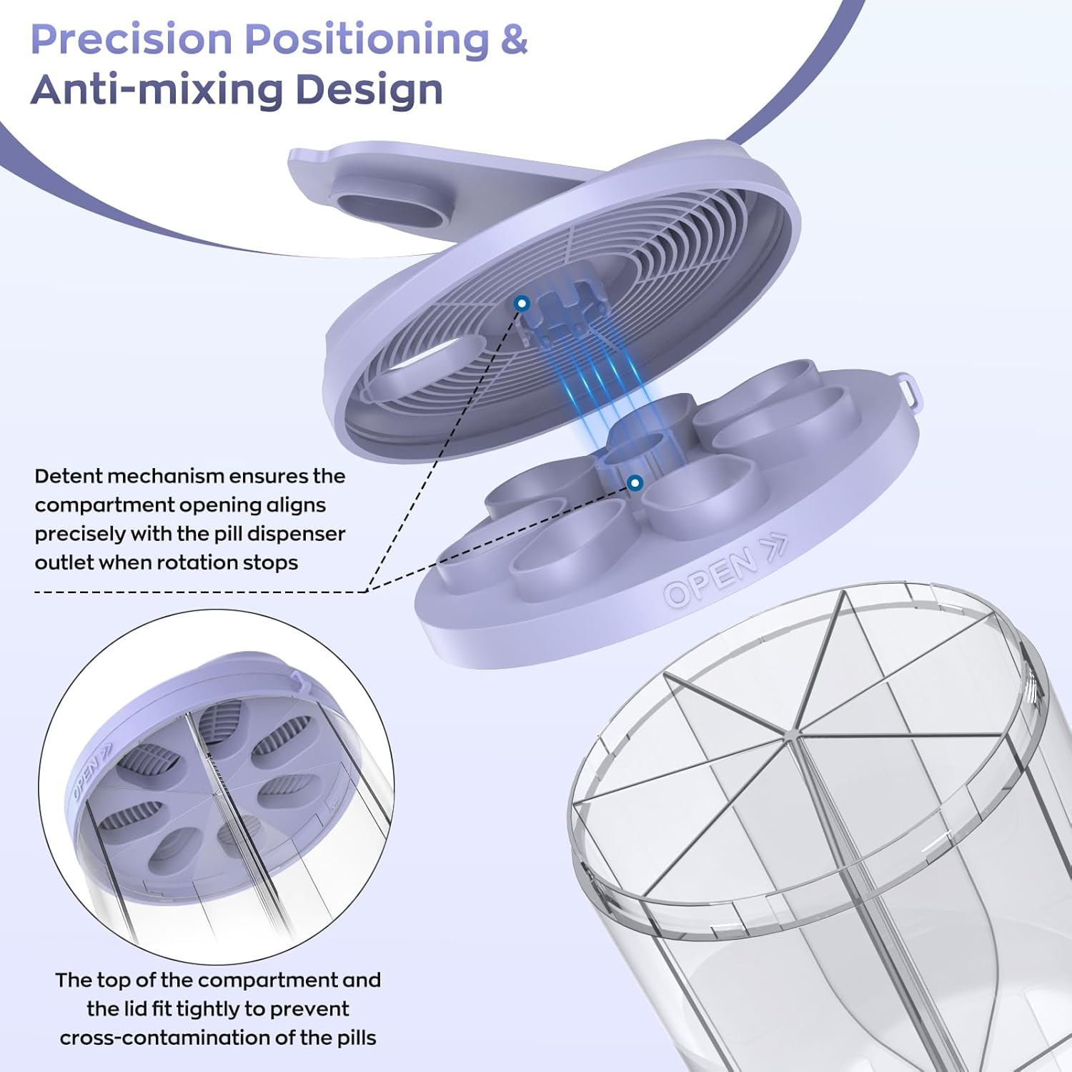 Pill Dispenser with 7 Large Compartments, Pill Organizer for Travel, Supplement Organizer with Anti-Mixing Design, BPA-Free Pill Container with 20 Pcs Labels, Purple