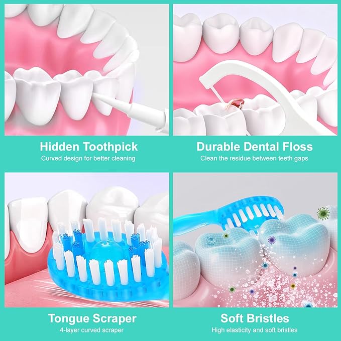 JASUNLEE 30Pack Disposable Toothbrushes with Toothpaste Tongue Scraper Floss Pick 5-in-1 Mini Portable Pre-Pasted Travel Toothbrush On The Go Toothbrush for Kids Adult