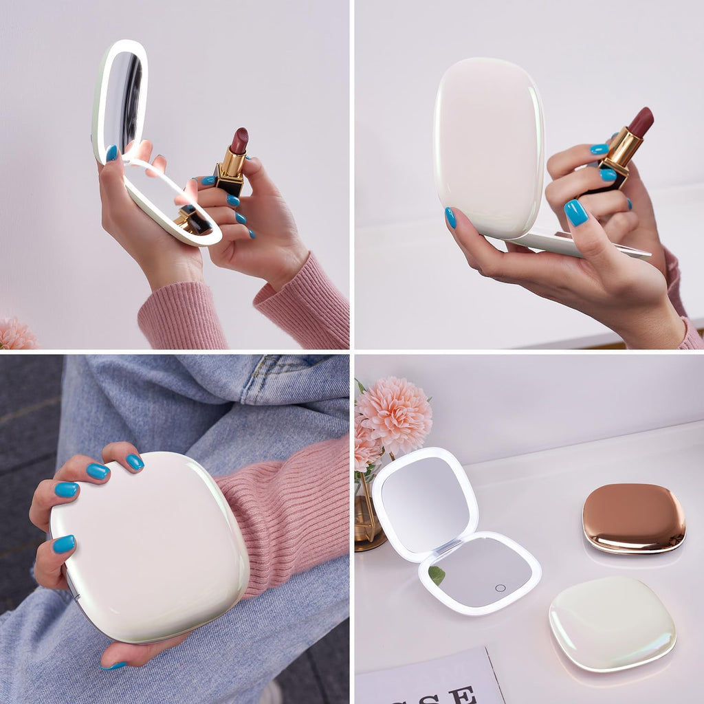 Mocado Compact LED Travel Makeup Mirror - 4 Inches 1X/10X Magnification Travel Mirror with Light Dimmable Double Sides Lighted USB Rechargeable Compact Mirror for Purse,Pocket,Travel(White)