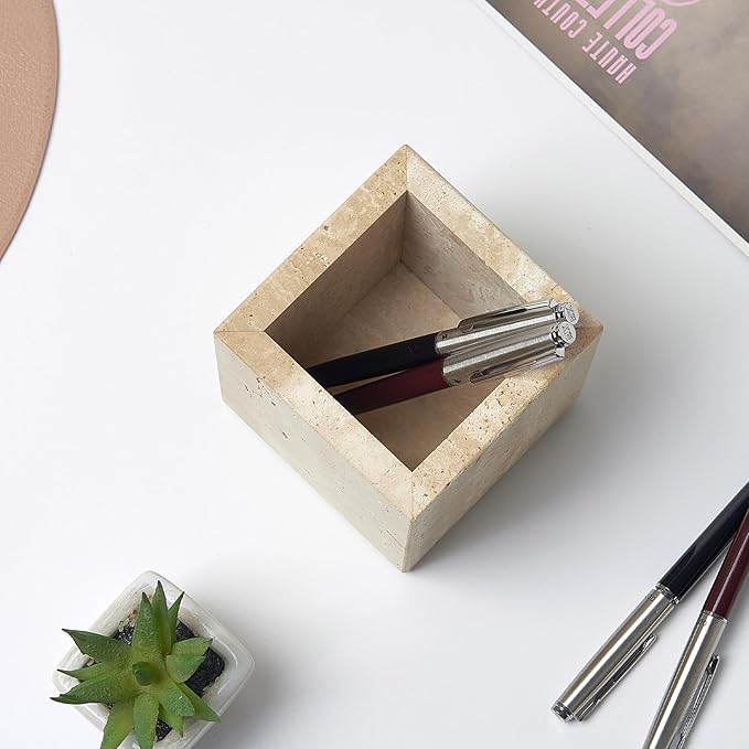 Real Natural Travertine Marble Toothbrush Holder & Pen Holder & Makeup Brush Holder & Utensil Holder, Genuine Stone Rectangular Bathroom Tumbler Cup, Durable Office & Home Countertop Organizer