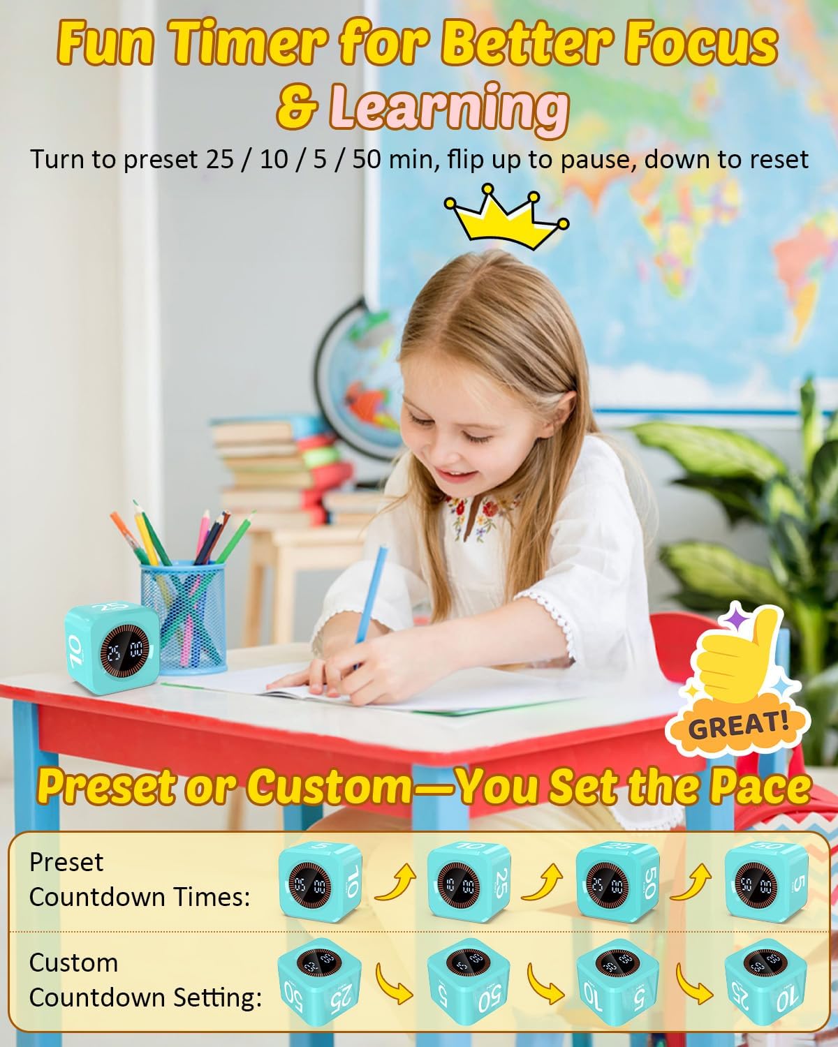 Pomodoro Timer Cube Visual Productivity Flip Timer for Kids Classroom Desk, 5/10/25/50min&Custom Countdown, Silent&Sound Mode Digital Cube for ADHD Study Work School Game Kitchen (Mint Green)