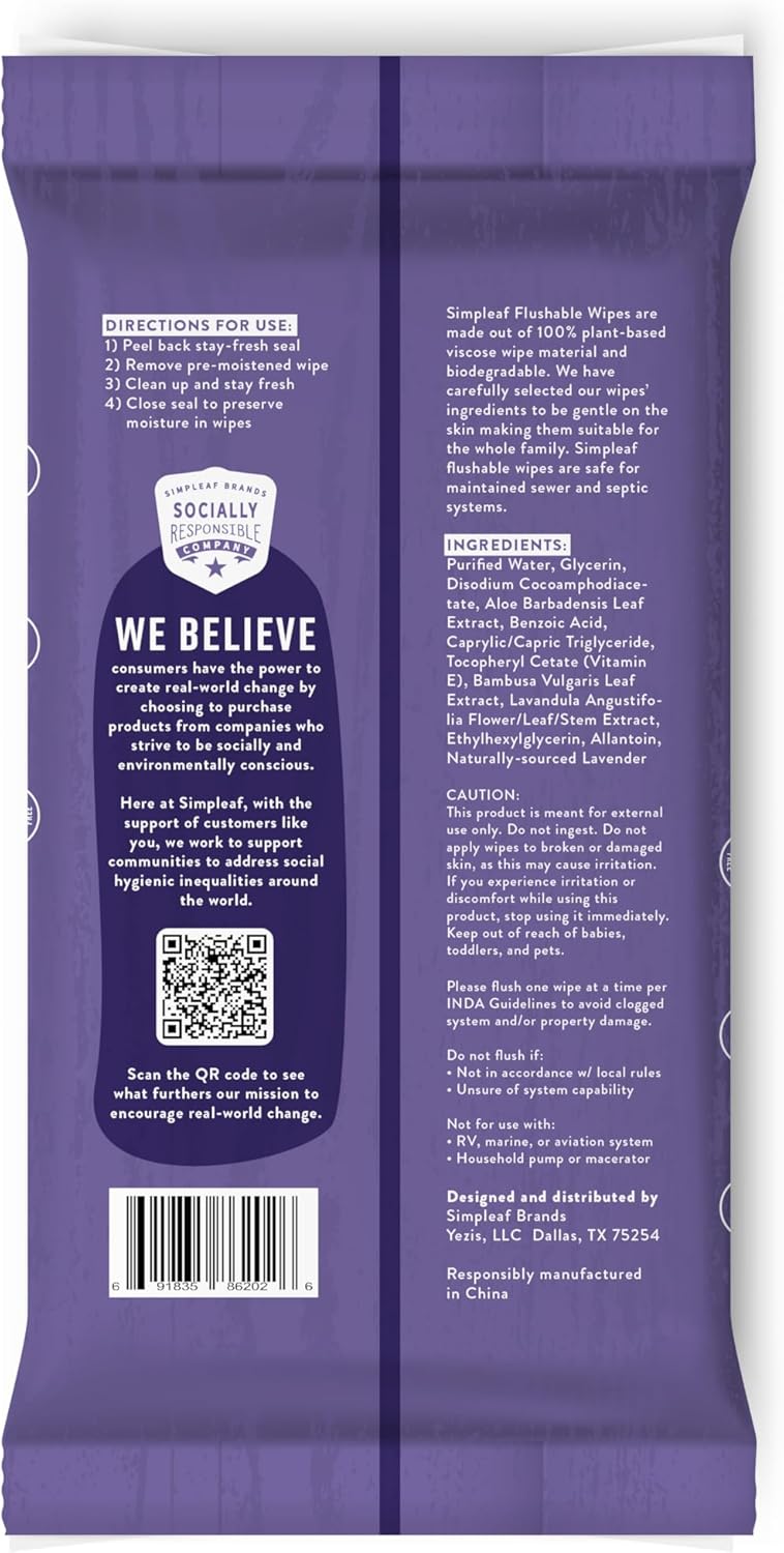 Simpleaf Flushable Wet Wipes Lavender | Plastic Free, Paraben & Alcohol Free | Hypoallergenic & Safe for Sensitive Skin | Soothing Aloe Formula | Adult Toilet Wipes (12 x 50 Counts Pack) 600 Counts