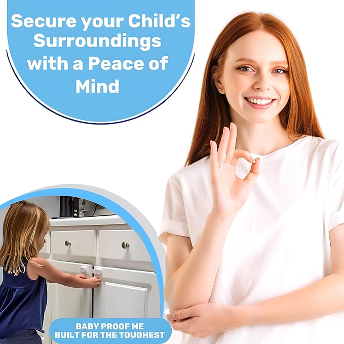 3M Adhesive Child Safety Strap Locks by Baby Proof Me, Baby Latches for Cabinets, Dishwashers, Fridges, Ovens and Trash Cans, Stain Free Toilet Lock (White, 24 Safety Latches)