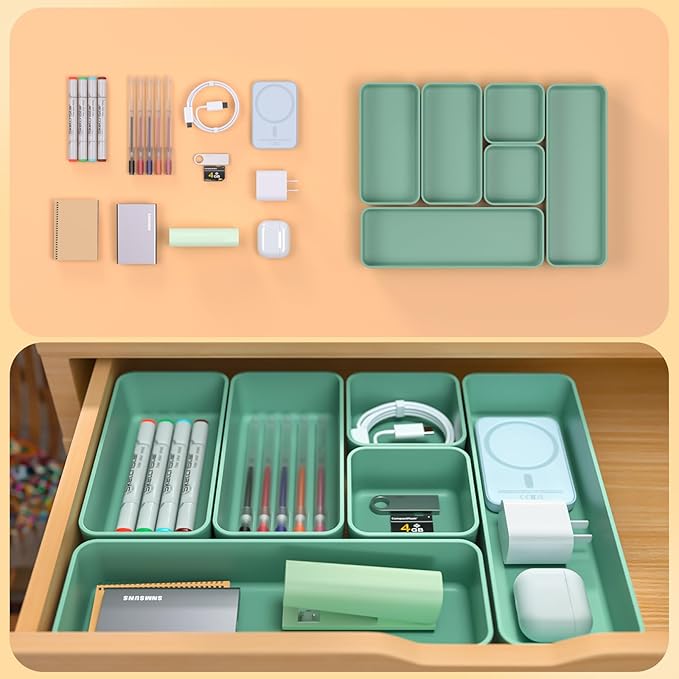 Organizer Drawers, Storage Plastic Desk Bins Stackable Organizers Tray, Bathroom Dividers Small Makeup Bin Clothes Organizing Trays for Containers Vanity Office Cabinet Desktop Compartment, Green