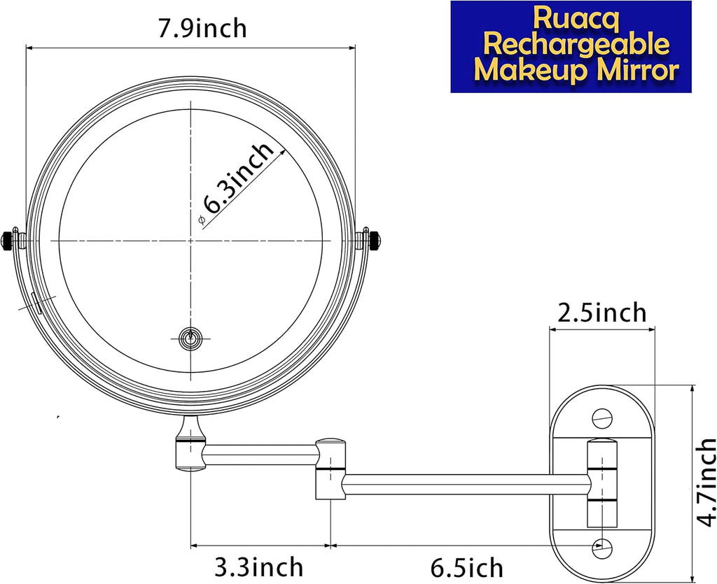 Ruacq Rechargeable Makeup Mirror Matte Black Double Sided Vanity Mirror with Lights Round 1x/10x Magnification 8 Inch Led Magnifying Mirror Stainless Steel and Zinc Alloy Modern Wall Mounted