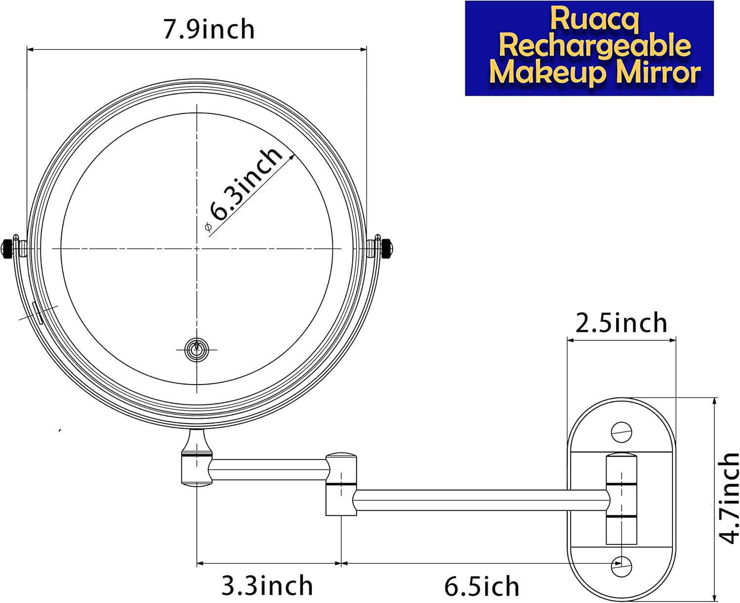 Ruacq Rechargeable Makeup Mirror Matte Black Double Sided Vanity Mirror with Lights Round 1x/10x Magnification 8 Inch Led Magnifying Mirror Stainless Steel and Zinc Alloy Modern Wall Mounted