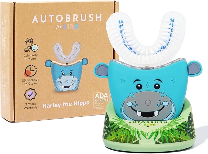 autobrush Kids Electric Toothbrush – Only ADA Accepted U-Shaped Toothbrush, Clinically Proven Up to 5.1X Better Cleaning, 30 Seconds, Full-Mouth 360 Coverage, LED Lights, Music, Ages 9-12, Hippo